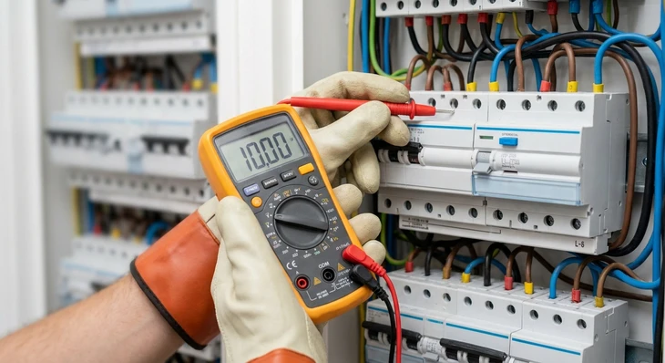 Électricien professionnel en uniforme bleu et casquette travaillant sur tableau électrique domestique ouvert