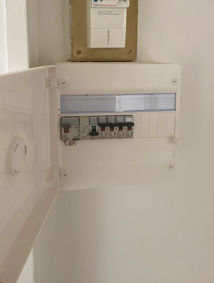 Intérieur d'un tableau électrique professionnel avec rangées de disjoncteurs modulaires installés sur rail DIN