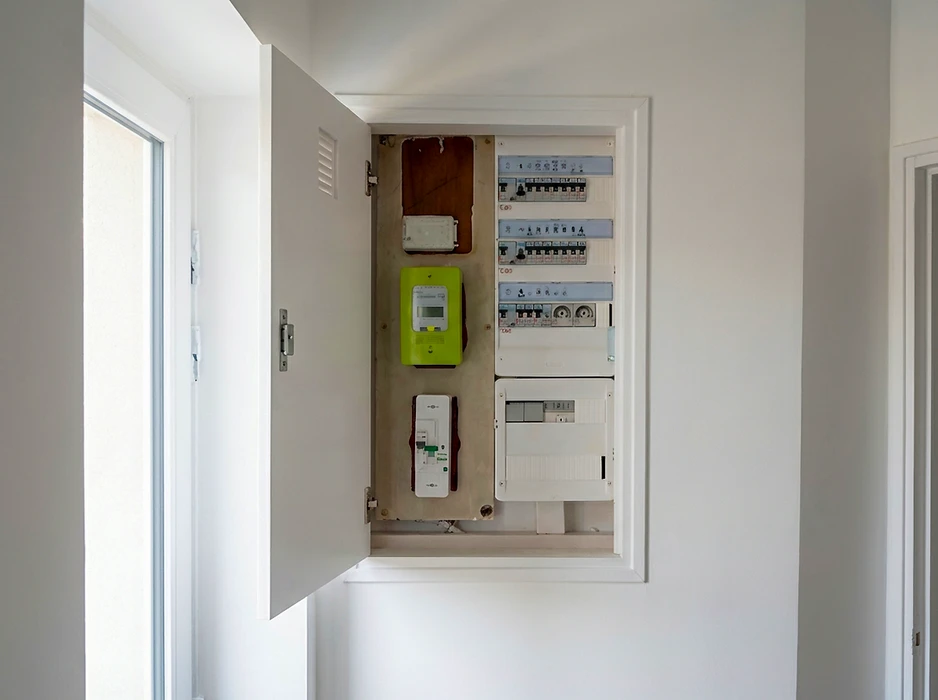Intérieur commercial moderne avec plafond suspendu à caissons noirs et luminaires LED encastrés disposés en rangées régulières
