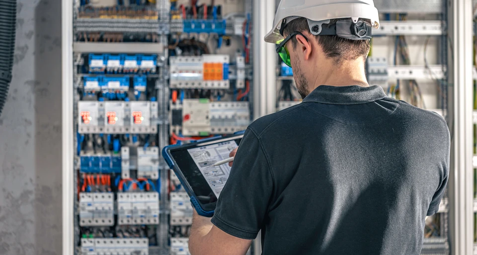 Électricien barbu portant casque blanc et lunettes de sécurité jaunes travaille sur tableau électrique dans bâtiment en construction