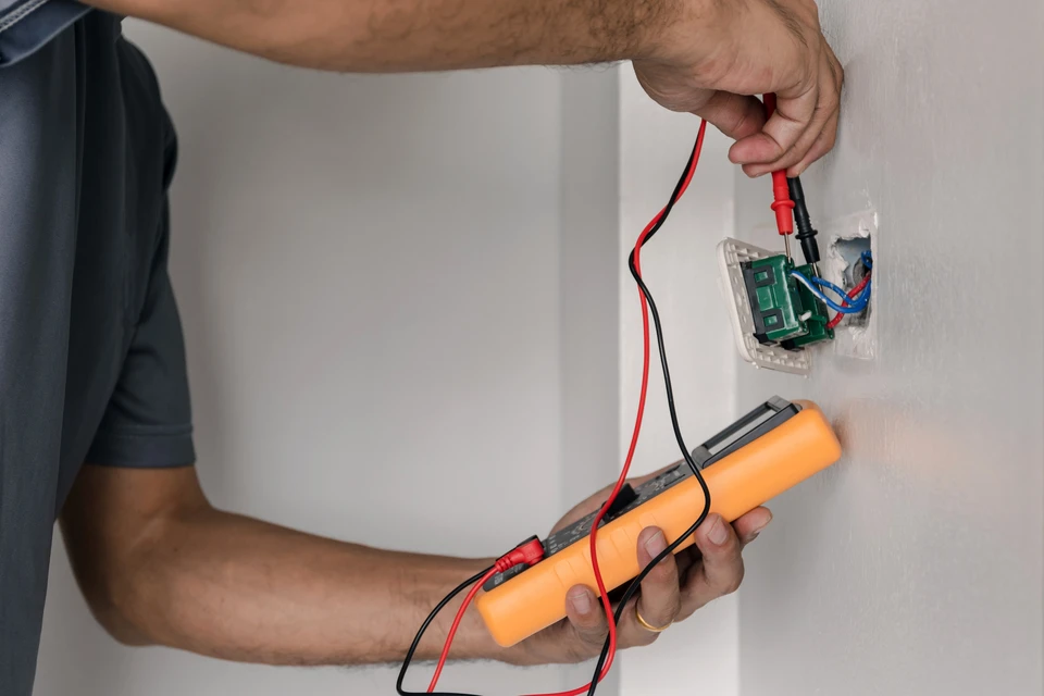 Électricien en combinaison bleue et gants blancs utilisant un multimètre jaune pour tester un tableau électrique industriel