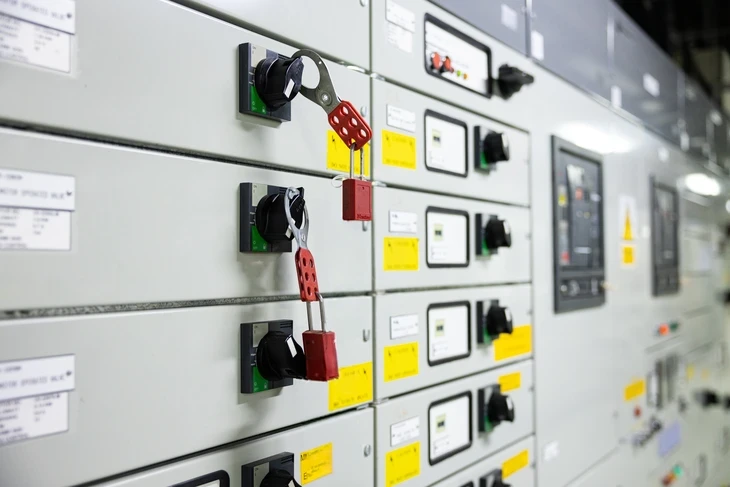 Électricien en casque blanc travaillant dans armoire électrique industrielle, utilisant multimètre rouge pour mesures